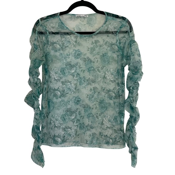 Zara Tops - Zara Green Floral Rose Mesh Sheer Ruched Sleeve Top Womens Medium M